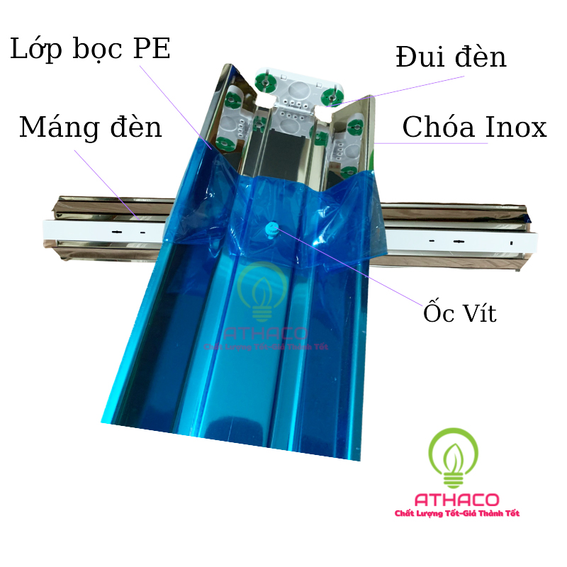 Máng đèn 1M2 đôi chóa  Inox  Led T8